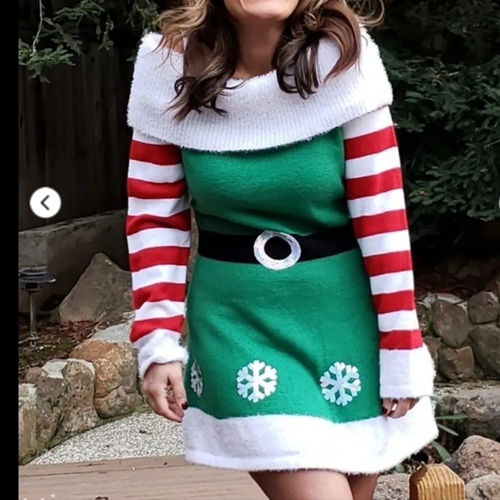Christmas Dress Green Dress with Red Striped Sleeves and Snowflake Accents